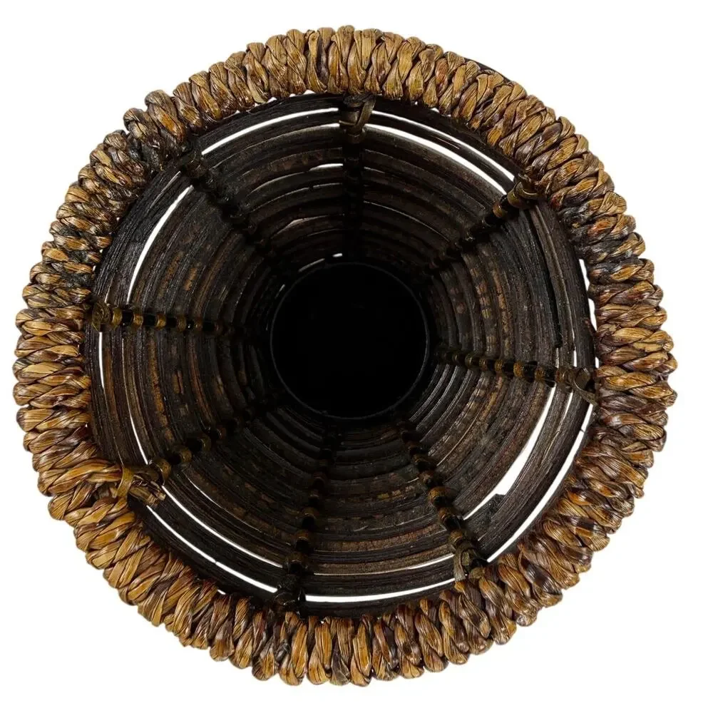 Vintage 90s Handwoven Rattan Wicker Vase 15” Brown Boho Basket Decor